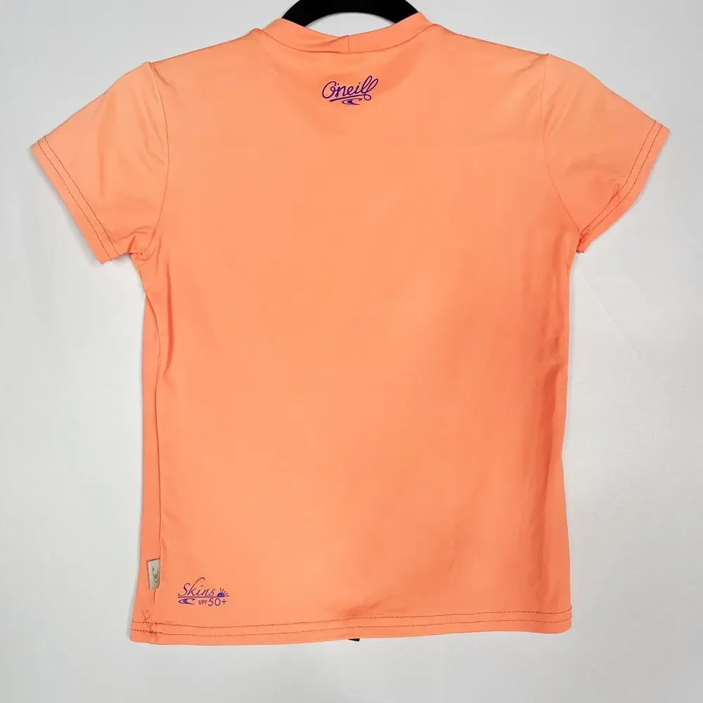 ONeill Girls Size 14 Bright Orange Short Sleeve Swim Rashguard Top Skins UPF 50+